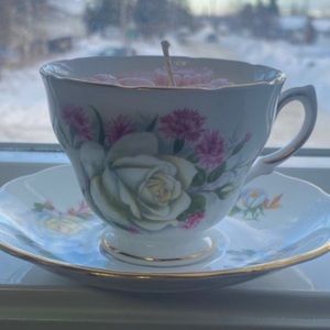 Handmade Pink Sugar Scented Candle in Vintage Teacup